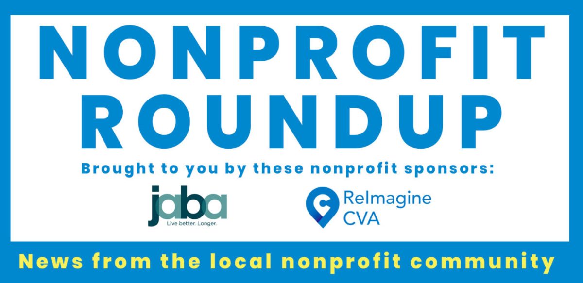 A blue and white box with the words Nonprofit Roundup and the sponsors JABA and ReImagineCVA logos