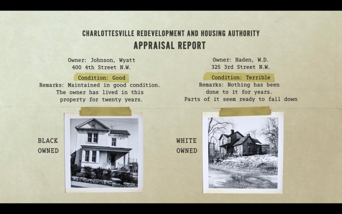 A film still shows two properties in black and white photos, one labeled “Black-owned” and one “white-owned.” The title of the frame is “Charlottesville Redevelopment and Housing Authority Appraisal Report” and the Black-owned home says “Condition: Good” while the white-owned home says “Condition: Terrible.”