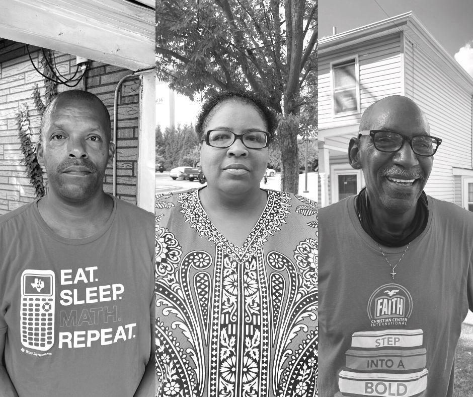 Two men and a woman are pictured side by side in a black and white collage.