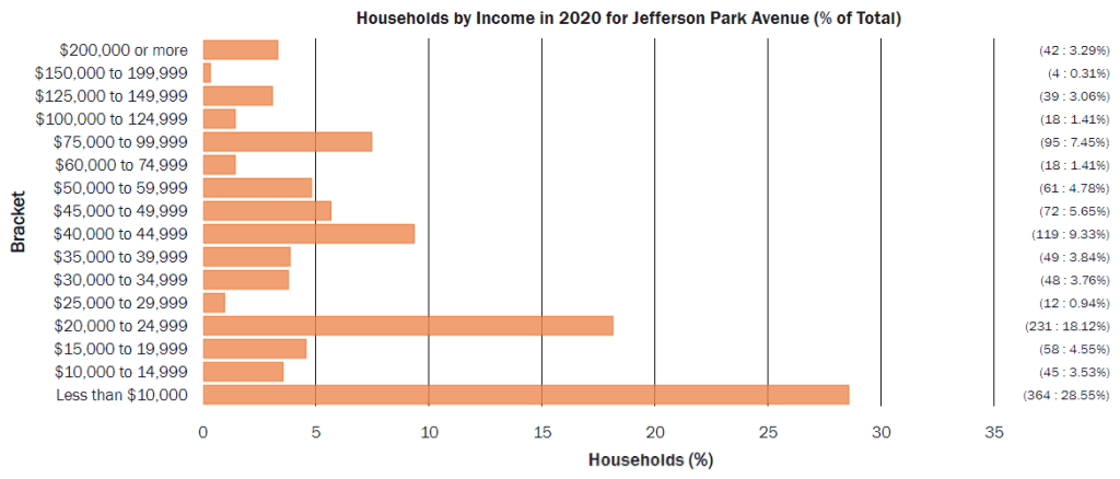 A bar chart shows income distribution in JPA with the largest number, 28.55% making less than $10,000.