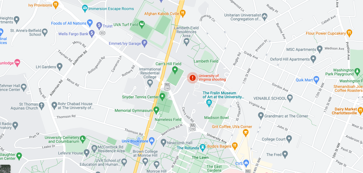 A Google map shows a pin with the words "University of Virginia shooting"