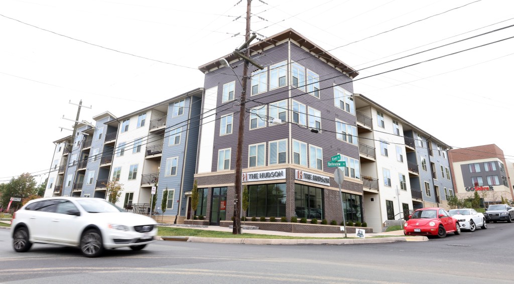 The left image shows a street corner with a four-story apartment building and a car passing, some cars parked on the side.