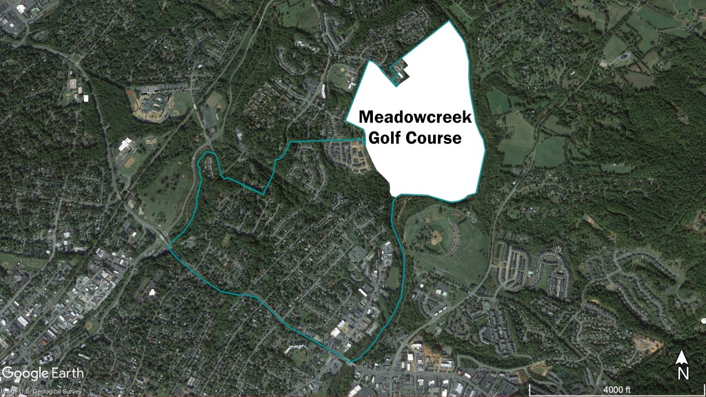 A satellite image of a neighborhood shows in white the Meadowcreek Golf Course