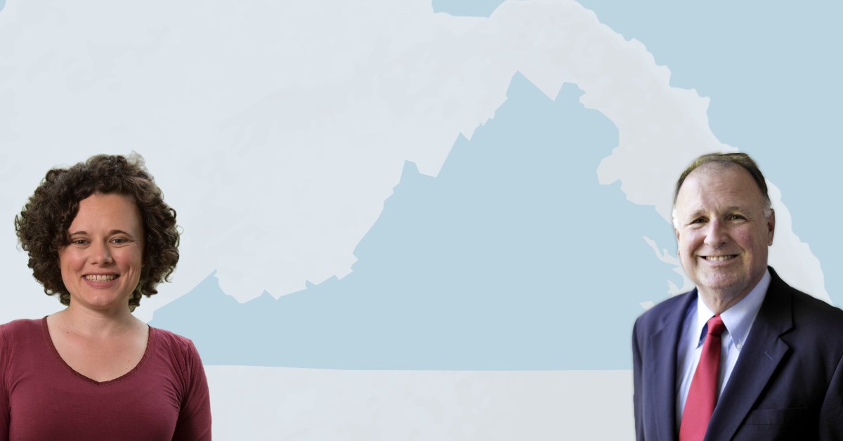 Portraits of two people superimposed on a stylized map of the state of Virginia.