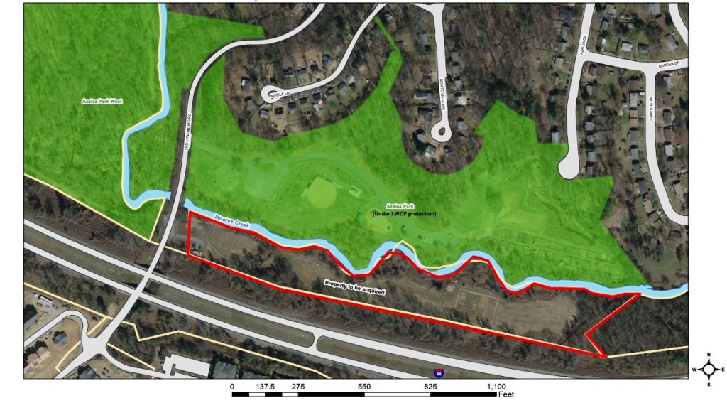 An aerial map of the Azalea Park area shows the boundaries of Azalea Park West, Azalea Park, and the property the city is purchasing. It also shows where Moores Creek flows, where roadways and residential property in neighborhoods nearby.