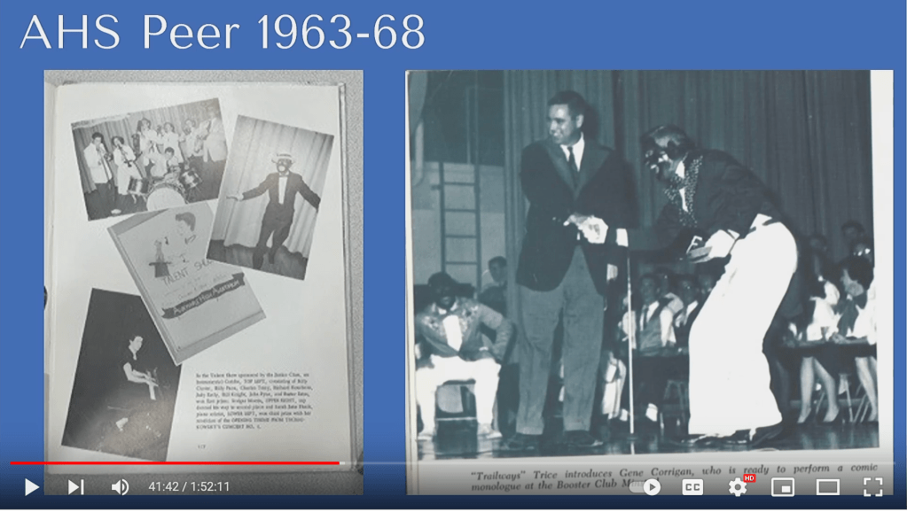 A screenshot of a YouTube video shows what appears to be an old yearbook page. At the top are the words, "AHS Peer 1953-68. Two photos show various student performances, including one in which a white boy dressed in Black face is performing with another Black student.