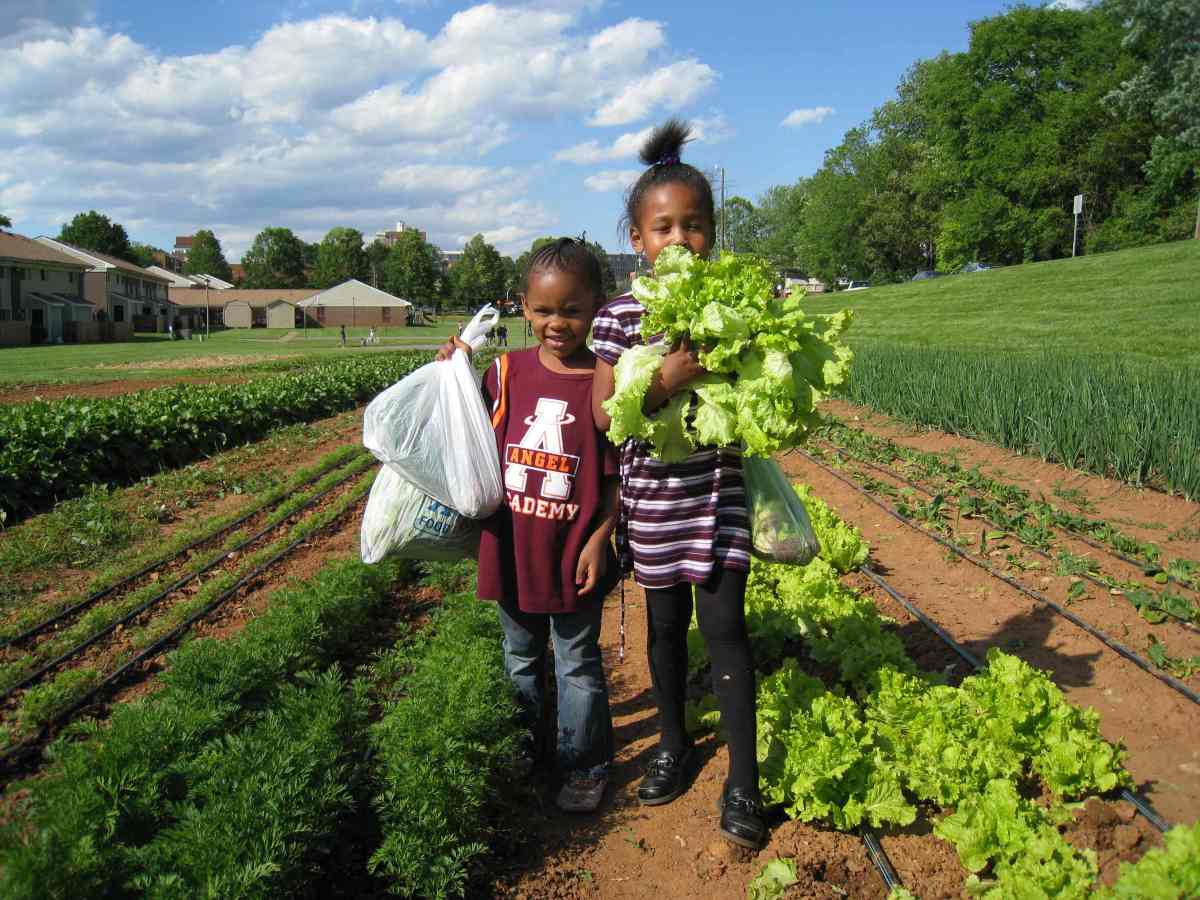 Two girls stand in a garden holding up leafy greens and smile at the camera.