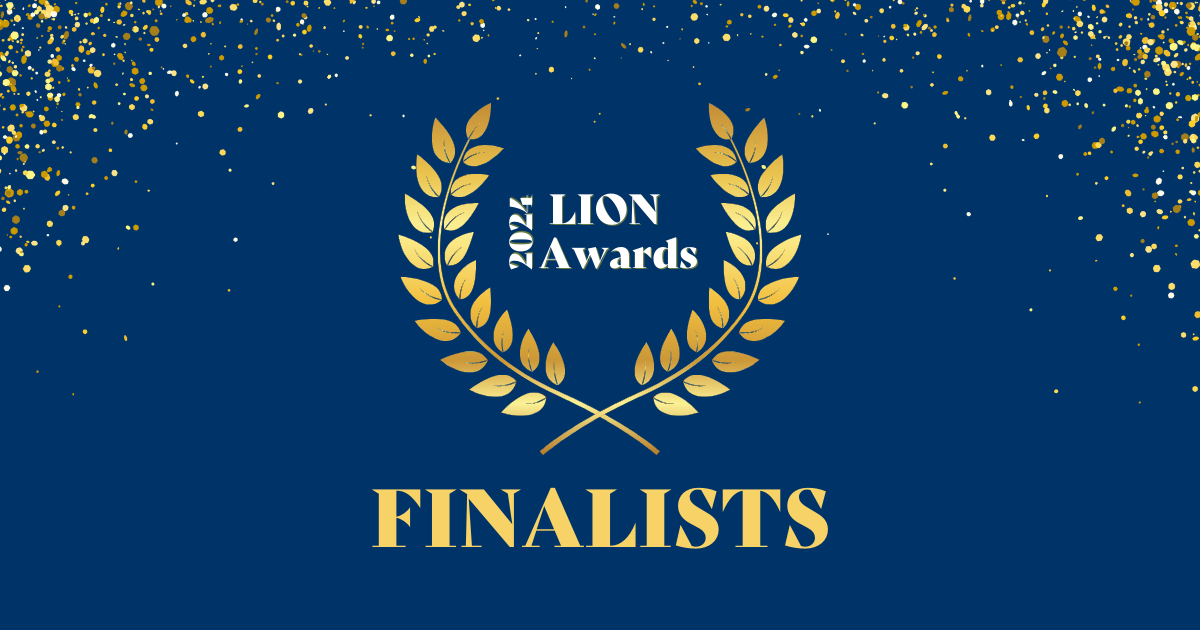 A blue banner reads "2024 LION Awards FINALISTS" with gold leaf wreath and glittery dots.