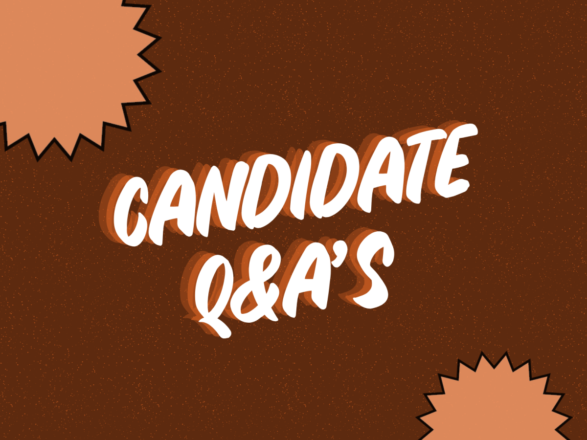 Text graphic featuring the words "CANDIDATE Q&A'S" on a dark orange background, bordered by graphic bursts in a light orange color.