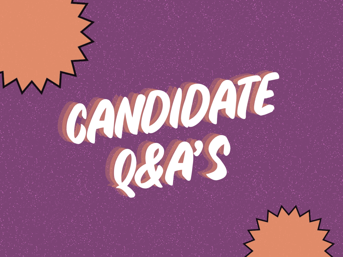 Text graphic featuring the words "CANDIDATE Q&A'S" on a purple background, bordered by graphic bursts in a light orange color.
