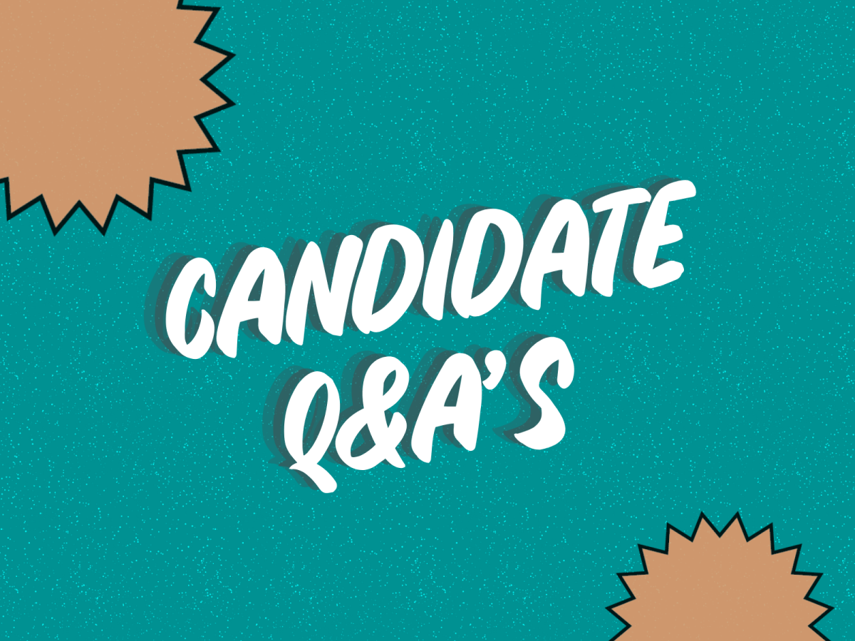 Text graphic featuring the words "CANDIDATE Q&A'S" on a turquoise background, bordered by graphic bursts in a light orange color.