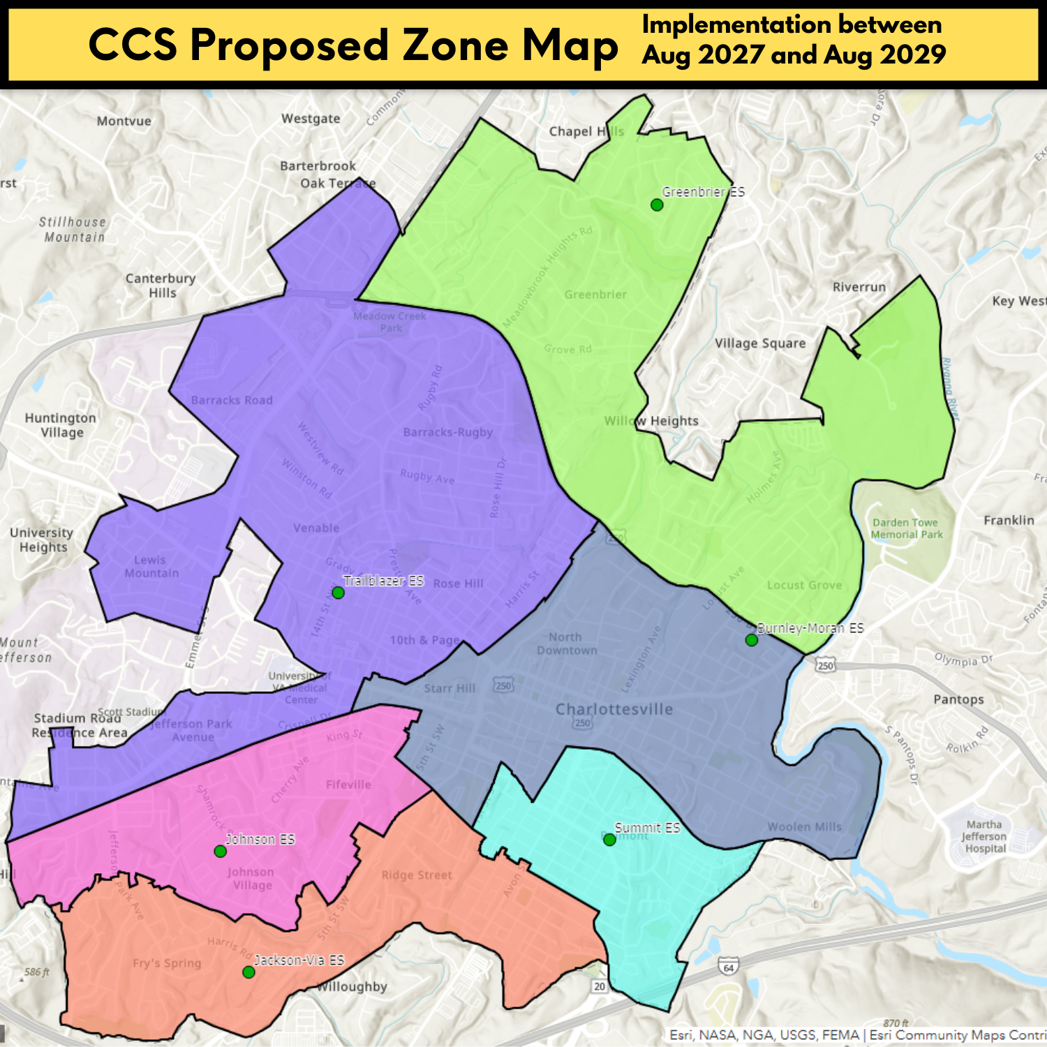A map of a city shows different areas blocked off in different colors.