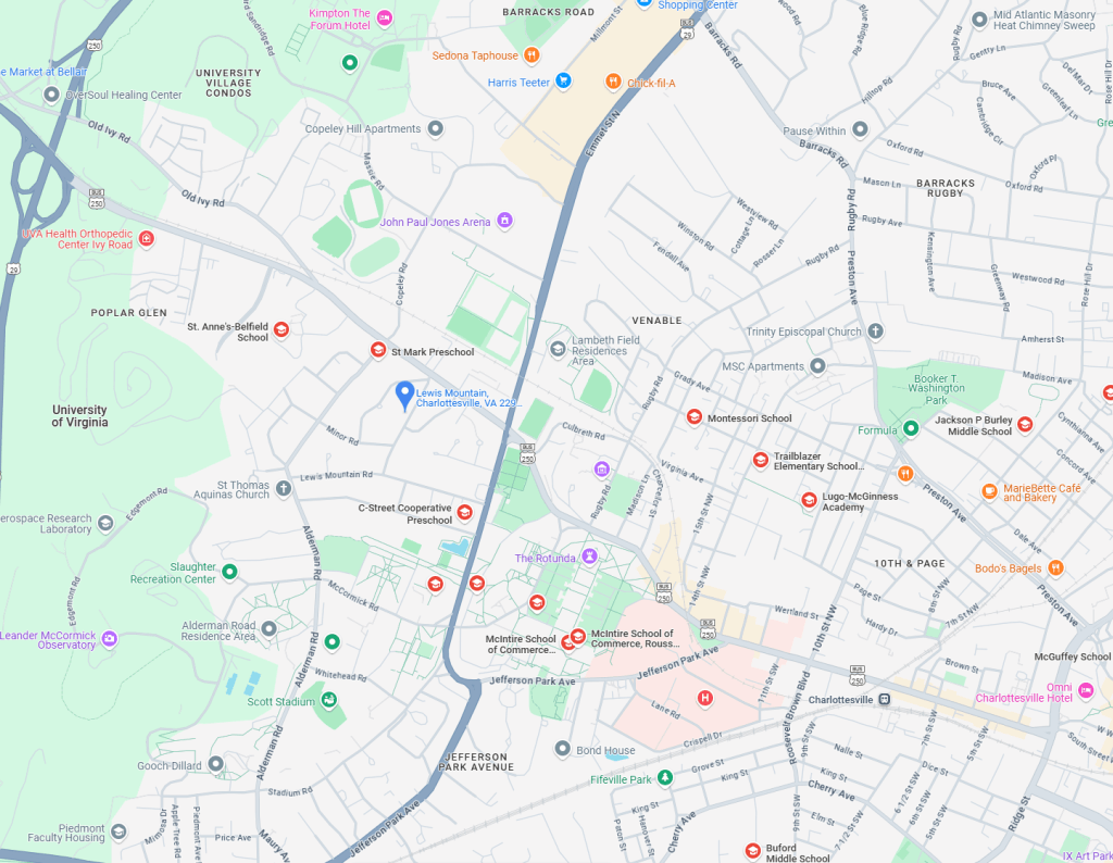 A Street map of Charlottesville that is zoomed in on the Lewis Mountain neighborhood and university of Virginia campus. The map identifies nearby schools.