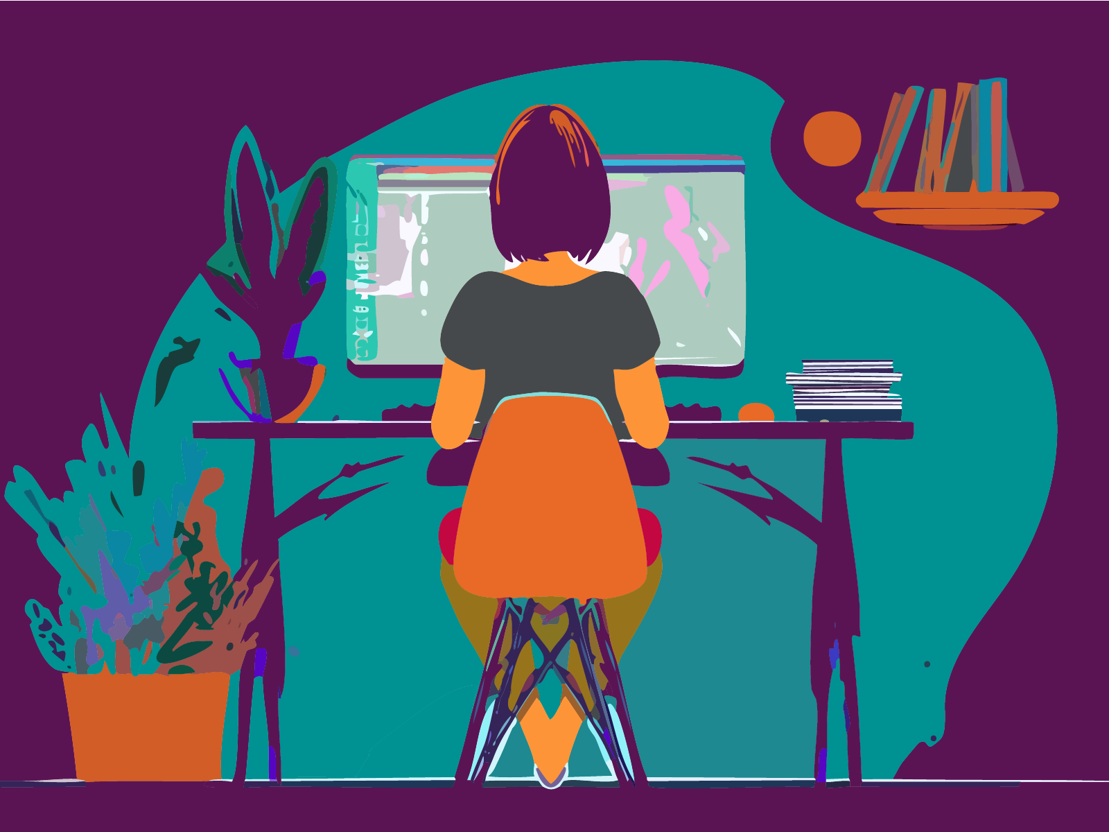 An illustration of a woman sitting at a desk surrounded by plants in pots.