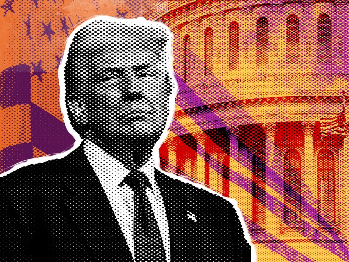 This image shows a stylized portrait featuring a silhouette of a person in formal attire with a suit and tie, rendered in a black and white halftone pattern. The figure has been cut out with a white border and placed against a vibrant background with orange, red, and purple tones that appear to depict an architectural setting. The artistic treatment combines pop art aesthetics with digital manipulation, creating a strong contrast between the monochromatic subject and the colorful, textured background.