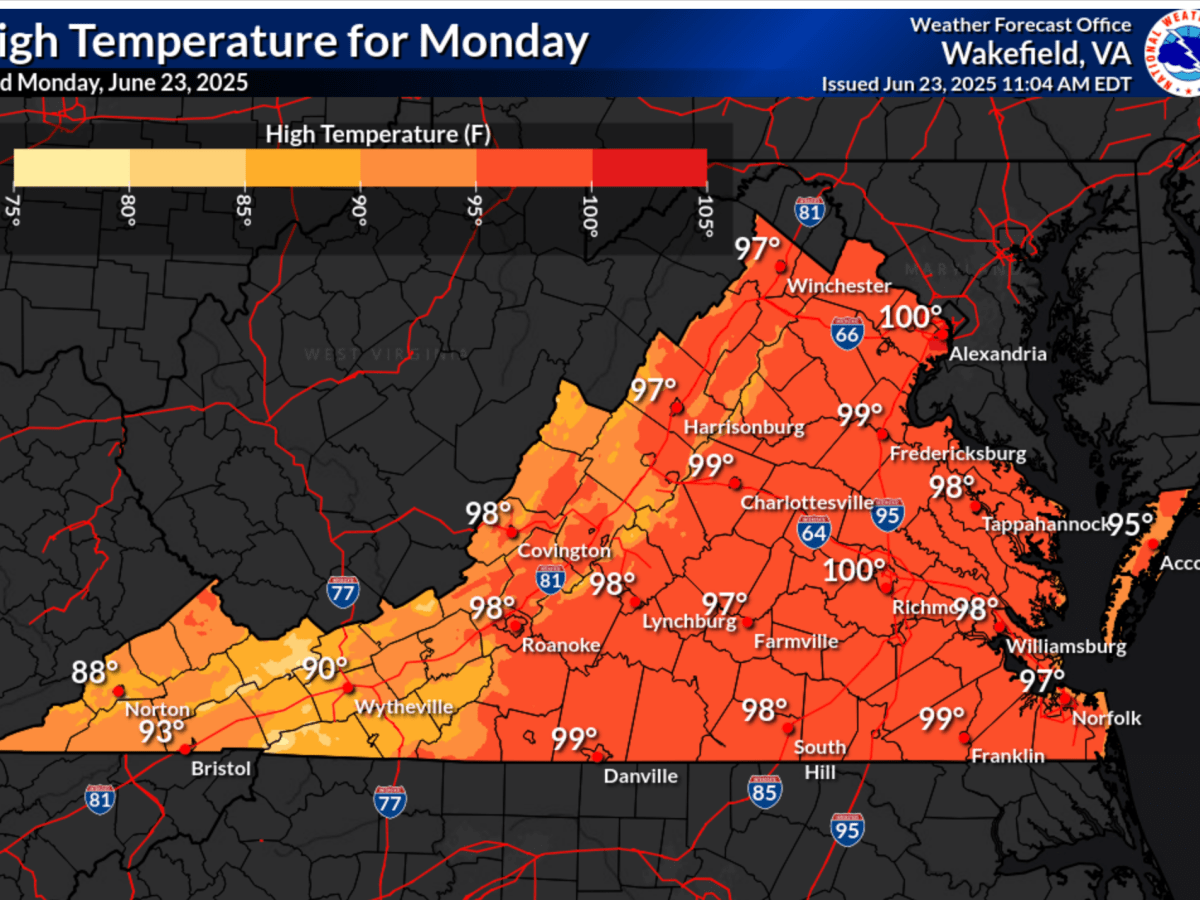 A forecast map for Virginia shows how high temperatures are expected to reach across the state, with most of them in the high 90s, and a few at 100 (including Richmond and Alexandria).