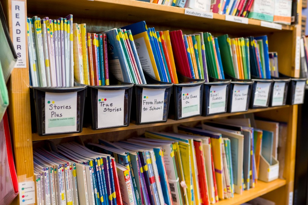 A close-up view of a book shelf with plastic bins containing a variety of slim books. There are a variety of tags on the shelf that say things like "readers" and "vocabulary — idioms," and one tag shows a color-coded system for organizing the books. Tags on the bins have colored dots on them and say things like "stories plus," "true stories," "from home to school," "life goes on."