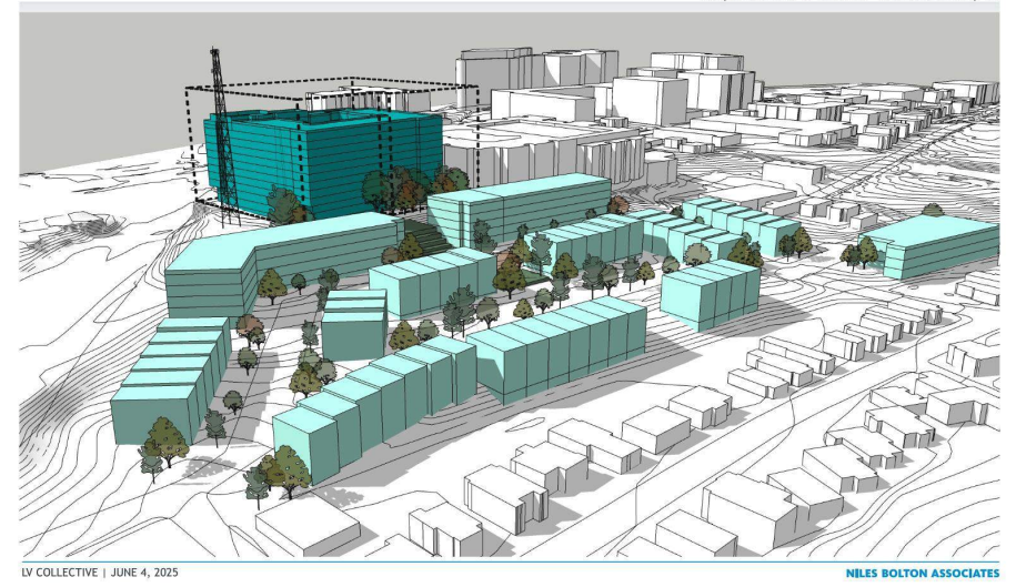 An architectural rendering that shows both existing and planned buildings in the West Main St. corridor and the 10th and Page neighborhood. The focus of the rendering is a series of low-rise townhomes and small apartment buildings, and a much taller and wider apartment building behind them.