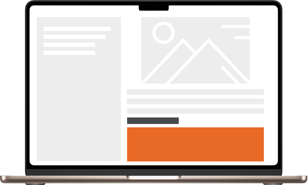 A laptop displaying a mockup of a website with text and graphics, featuring a mountain landscape and an orange highlight at the bottom.