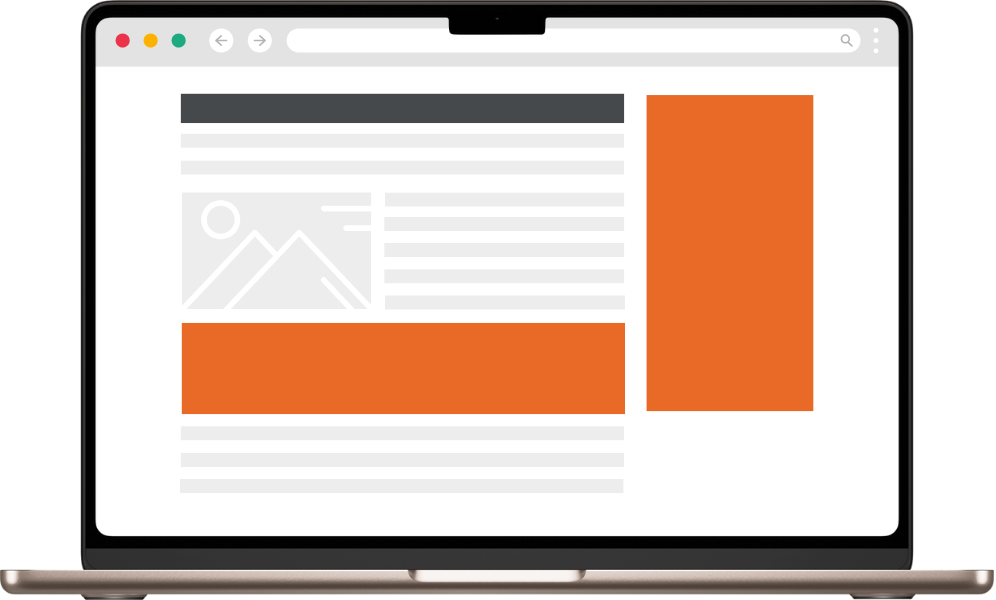 A laptop displaying a webpage layout featuring sections for images, text, and advertisements, with an orange banner highlighted.