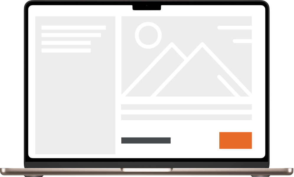 A laptop display showing a placeholder webpage layout with text sections and a graphical representation of mountains.