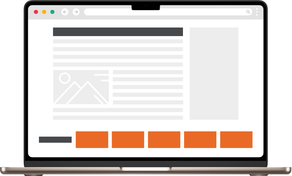 A laptop displaying a webpage layout with text, images, and orange buttons, showcasing a digital advertising or sponsorship opportunity.