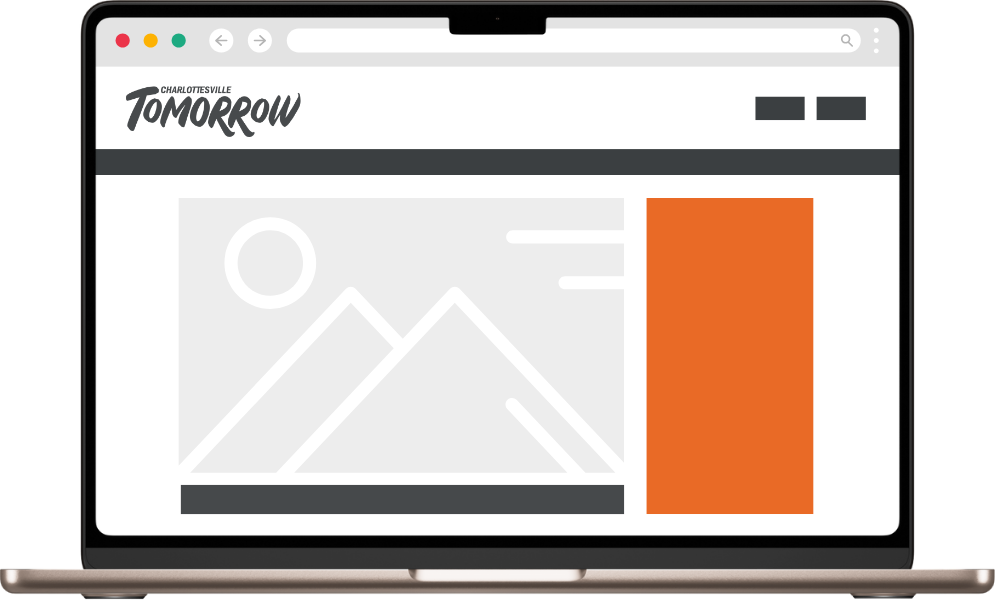 A laptop displaying a webpage for Charlottesville Tomorrow, featuring a geometric placeholder image and an orange sidebar ad space.