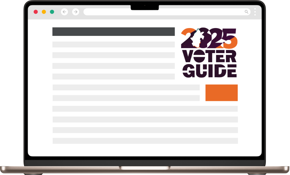 A laptop displaying the 2025 Voter Guide, featuring a prominent title and an orange highlighted section.