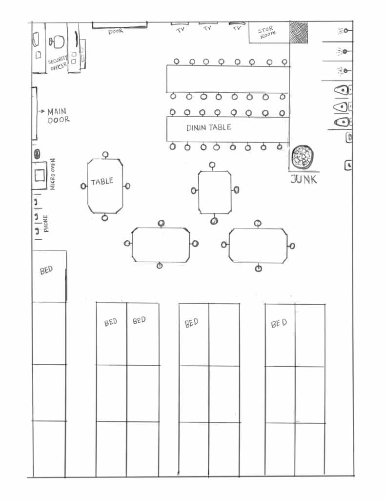 A hand-drawn sketch showing the floor plan and layout of a single-room detention area with bunks on one side and a dining area and toilets on the other.