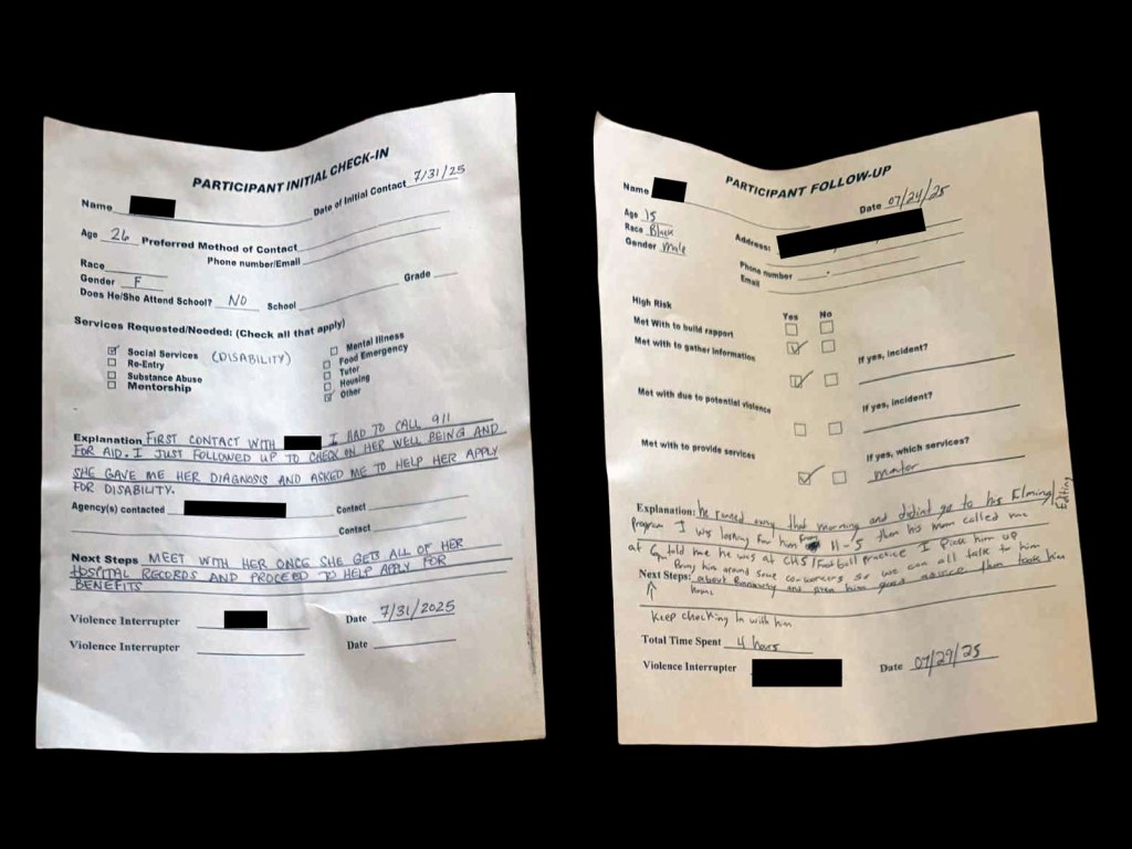 RedactedReports_1-1024x768 Pre-printed forms titled "Participant Initial Check-In" and "Participant Follow-Up" are pictured with handwritten notes. Some areas are blacked out.