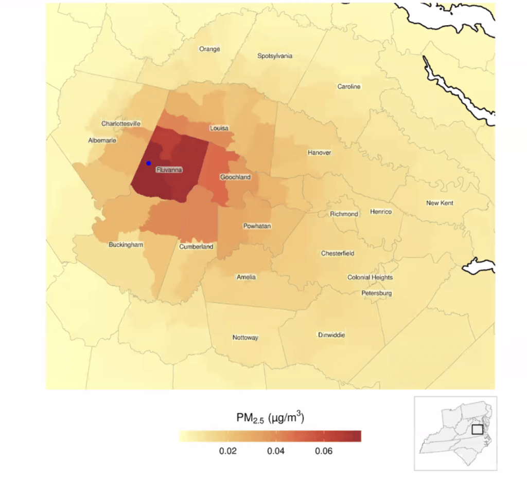 A presentation that includes a heat map of Fluvanna and surrounding counties, with Fluvanna depicted in dark red, and other counties in lighter red, orange or yellow.