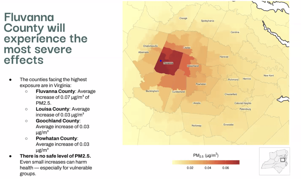 A presentation that includes a heat map of Fluvanna and surrounding counties, with Fluvanna depicted in dark red, and other counties in lighter red, orange or yellow.