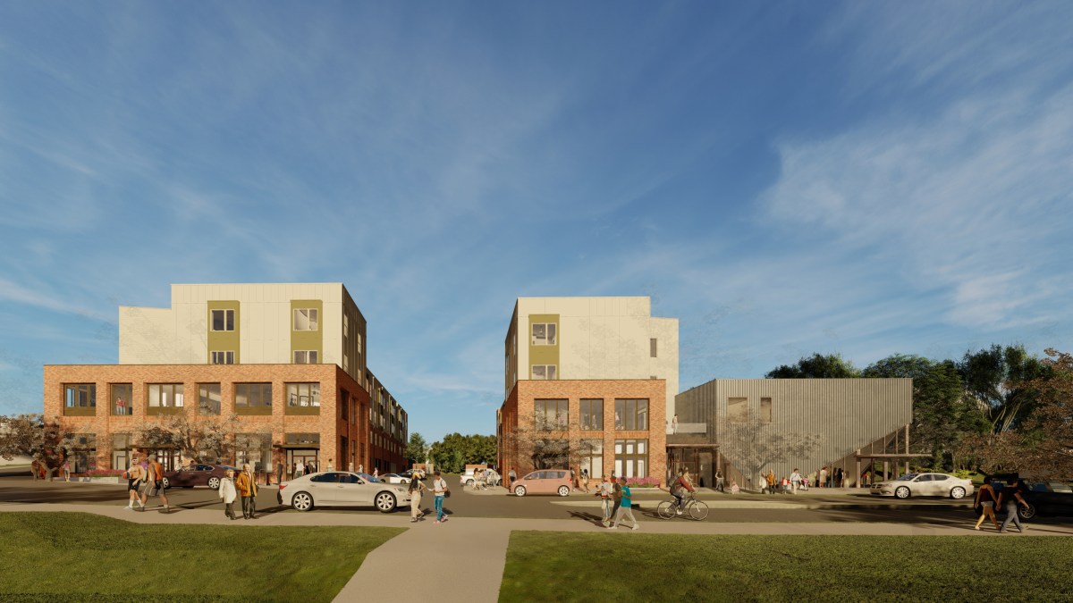 A realistic architectural rendering of a development, with three buildings in a line across the middle plane of the image. The building on the left is the widest, and goes up to four stories. The building in the center is similar to the one on the left, but is more narrow. The building on the right is two stories tall, and it is smaller, more square, and has a different design.