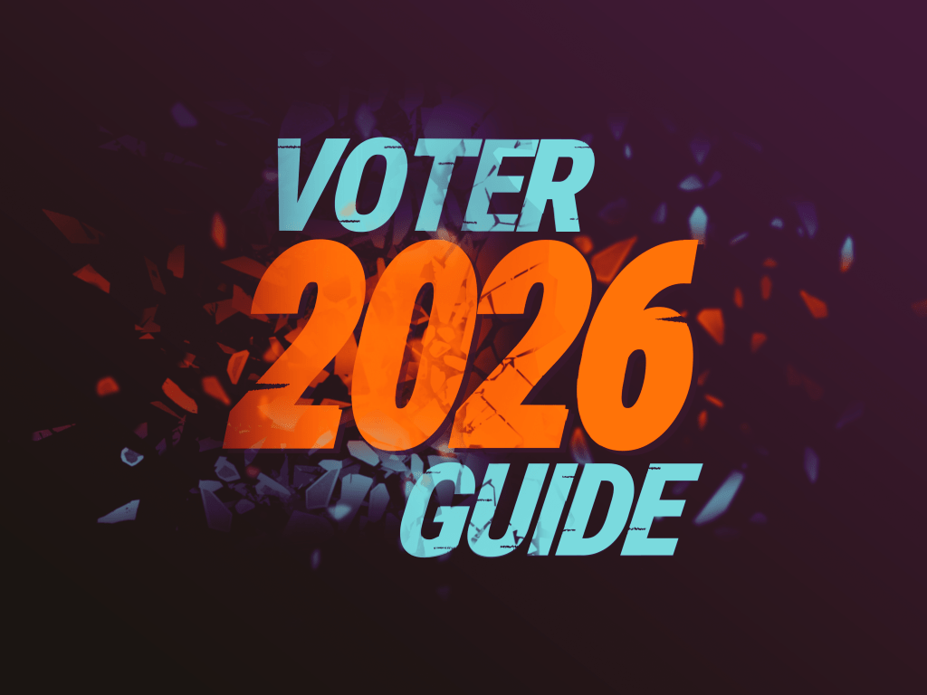 Text graphic reading 'Voter 2026 Guide' with a dynamic and colorful background.