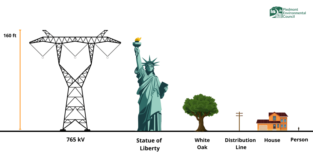 An illustration of a 160-foot-tall electric transmission tower compared to other objects to show the sense of scale. The tower is slightly taller than the Statue of Liberty, several times taller than large white oak tree, and massively tall compared to a regular electric pole, house or person.