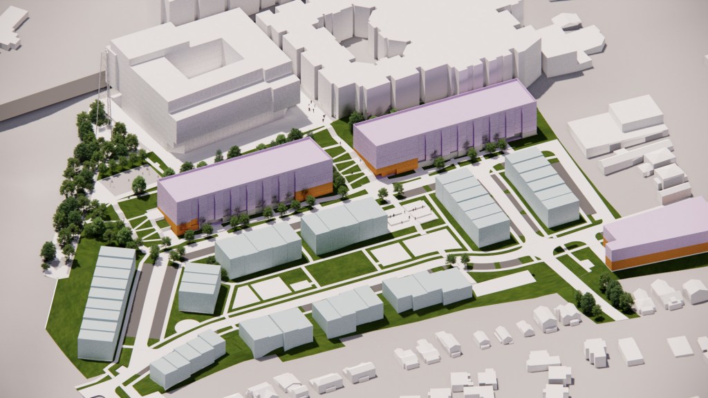An architectural rendering showing a variety of building shapes and sizes, as well as roads, walkways, paths and green areas.