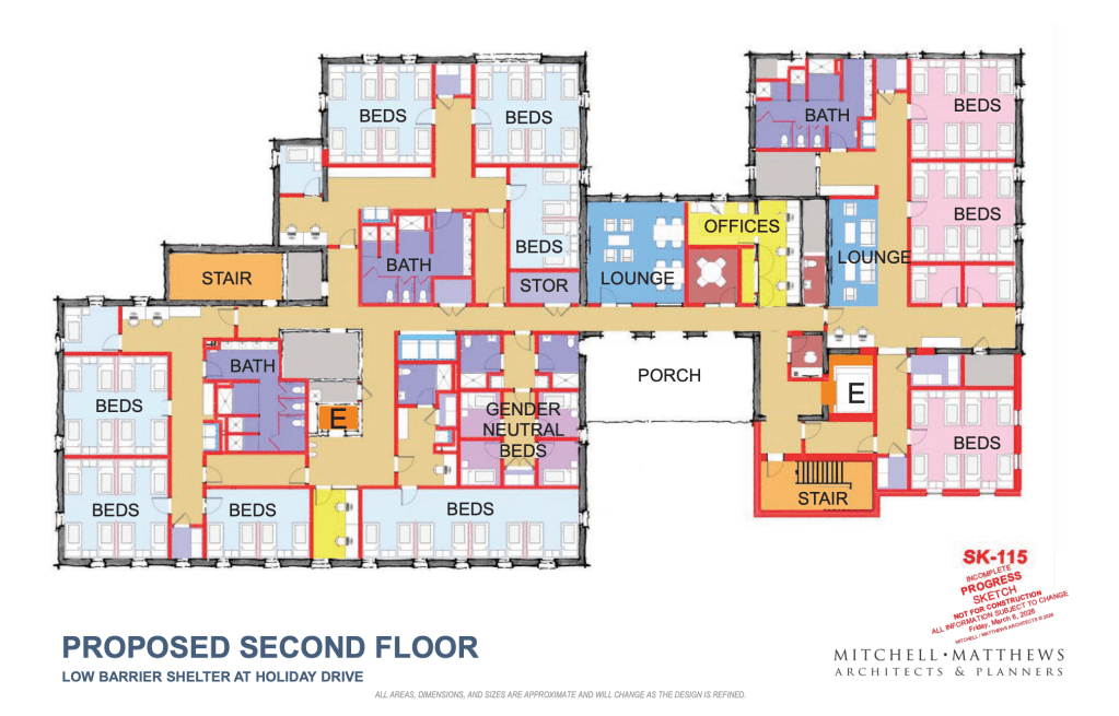 A colorful floor plan of a building showing rooms where shelter beds would go, as well as bathrooms, a lounge, office space, stairwells and elevators.