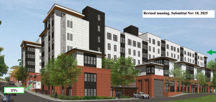 A realistic architectural rendering of a 7-story apartment building that could hold about 700 residents.