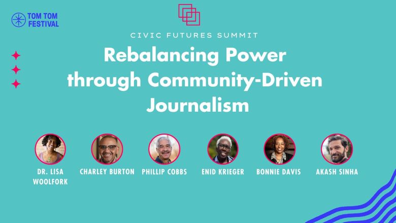 A teal background with a logo for Tom Tom Festival and stylize words: "Civic Futures Summit, Rebalancing Power through Community-Driven Journalism." Below are circle headshots of six people: Dr. Lisa Woolfork, Charley Burton, Phillip Cobbs, Enid Krieger, Bonnie Davis, Akash Sinha.