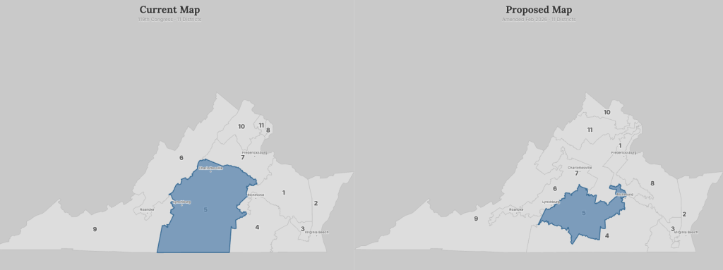 Two grey maps of the state of Virginia with major cities and numbered electoral districts with old and new districts highlighted in blue.