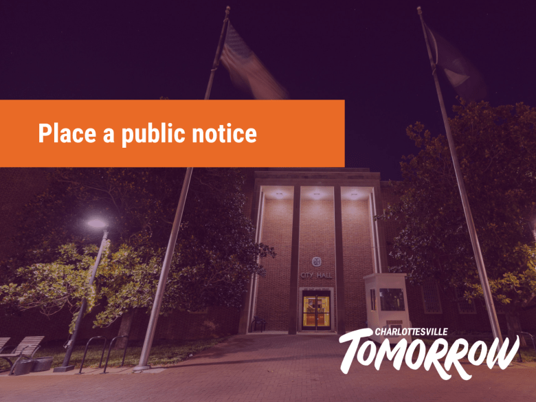 A background image of a brick building with columns, with a transparent purple overlay. White text on an orange block reads: Place a public notice. A white, stylized logo for Charlottesville Tomorrow is in the bottom right corner.
