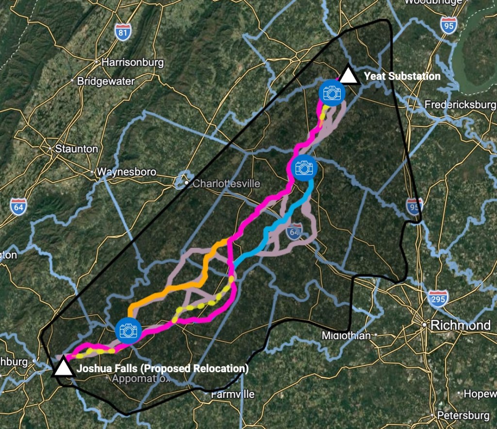 A map shows several possible routes indicated by brightly colored lines spanning from Campbell County, Virginia, northeast to Culpeper County. Two substations at either end of the route are marked by white triangles.