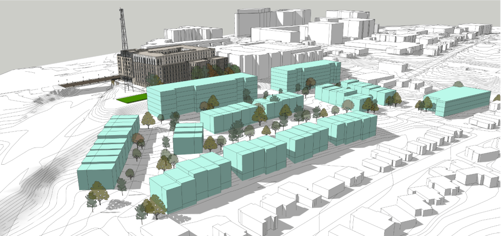 A digital architectural rendering of a couple of proposed developments. There are dozens of buildings of various sizes shown in the rendering, but only a few are the focus. The largest building shown is eight stories tall, next to a few six-story buildings in another development.