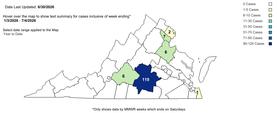A map of the state of Virginia is divided into several regions. Certain areas are shaded in different colors and have numbers in the center, representing the number of measles cases in that area.