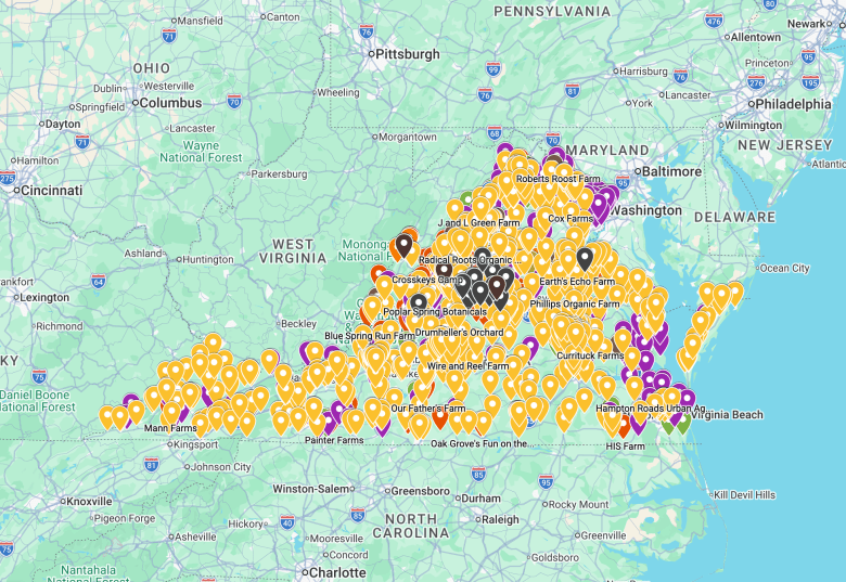 A political map of the state of Virginia, covered in teardrop shaped pins in different colors.