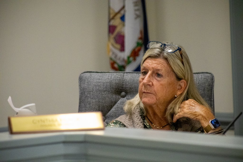 A woman sitting in a gray chair looks out from behind the gray trim of a ledge in a council meeting room. A Virginia flag is visible behind her. A nameplate is on the ledge but the but is mostly out of focus, with the name "Cynthia" barely visible.