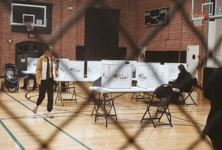 In the foreground, a chain-link barrier that is out of focus. In the background, a school gym with brick walls and basketball hoops. Voting booths line the court. On the right, a person dressed in black sits at the booth. On the left, a woman in a jacket crosses the gym.